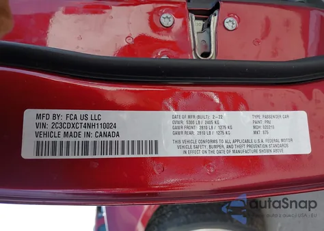 2022 Dodge Charger R/T z USA, uszkodzony, nr VIN 2C3CDXCT4NH110024